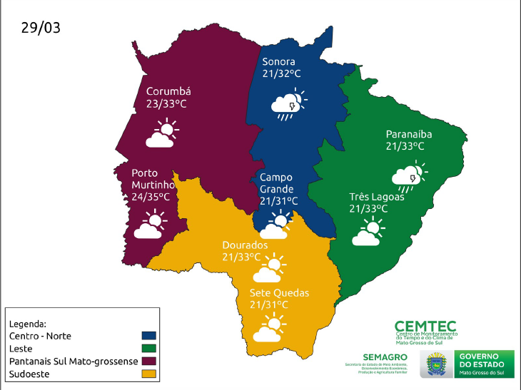 Terça-feira de tempo firme e chuvas isoladas em Mato Grosso do Sul