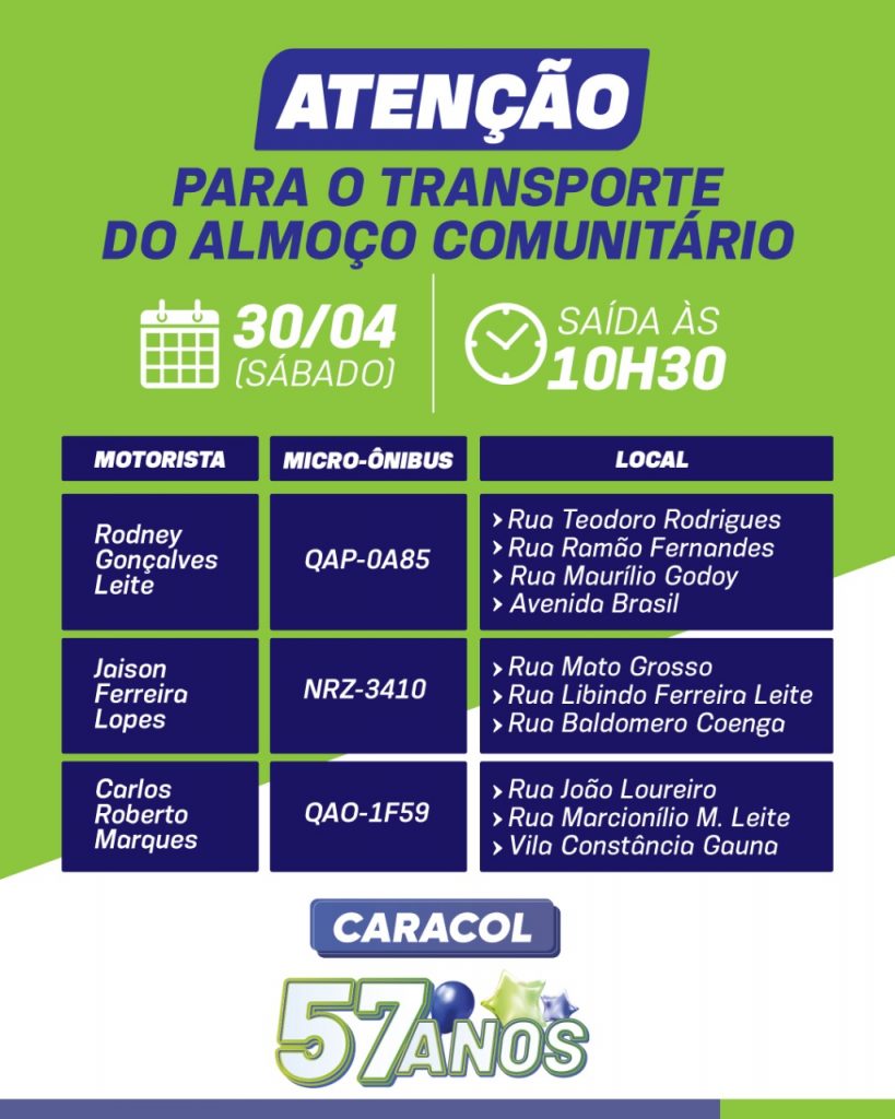 Programação dos 57 anos de Caracol terá Almoço Comunitário e Ato de Governo para lançamento de obras