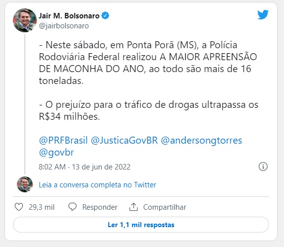 Bolsonaro parabeniza PRF de MS nas redes sociais após apreensão recorde de maconha