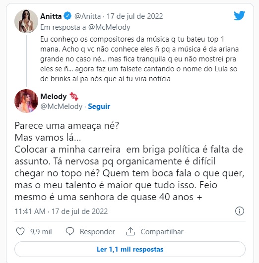 “Posso ser tão grande quanto você”, diz MC Melody em briga com Anitta