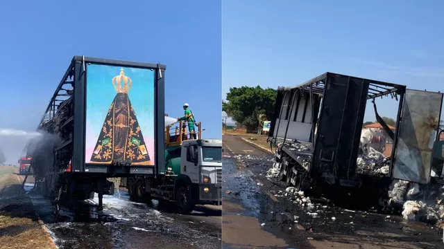 Painel de Nossa Senhora Aparecida fica intacto após fogo destruir carreta de algodão; veja fotos