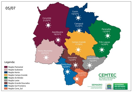 Terça-feira tem previsão de tempo firme e seco, com máxima de até 32°C no Estado