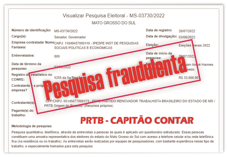 Justiça suspendeu a divulgação da pesquisa encomendada pelo PRTB, partido do Capitão Contar