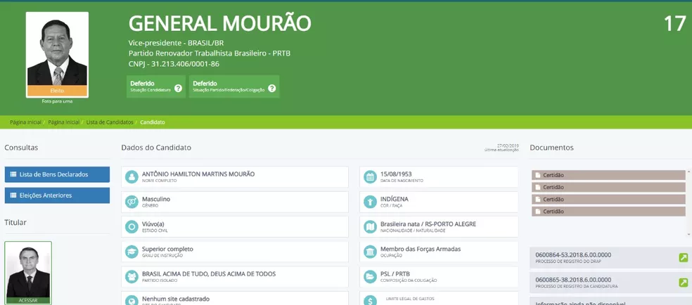 Após se declarar indígena em 2018, Mourão registra candidatura ao Senado como 'branco' e tira general do nome