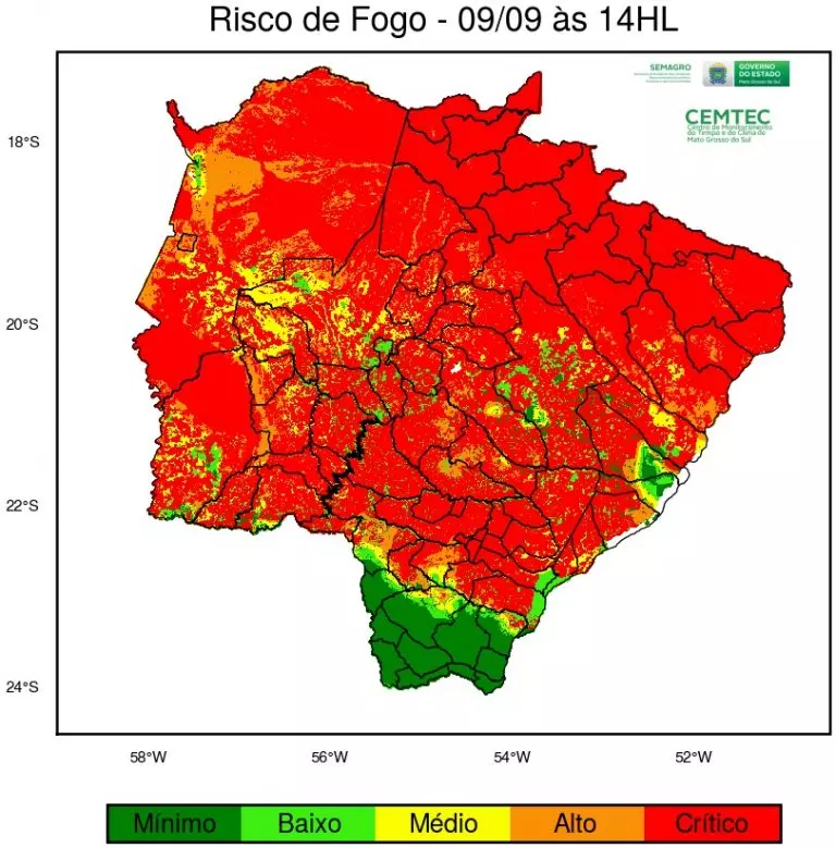 Inpe indica alerta para risco alto e crítico de incêndios em MS e calor de 40°C no Pantanal Inpe indica alerta para risco alto e crítico de incêndios em MS e calor de 40°C no Pantanal