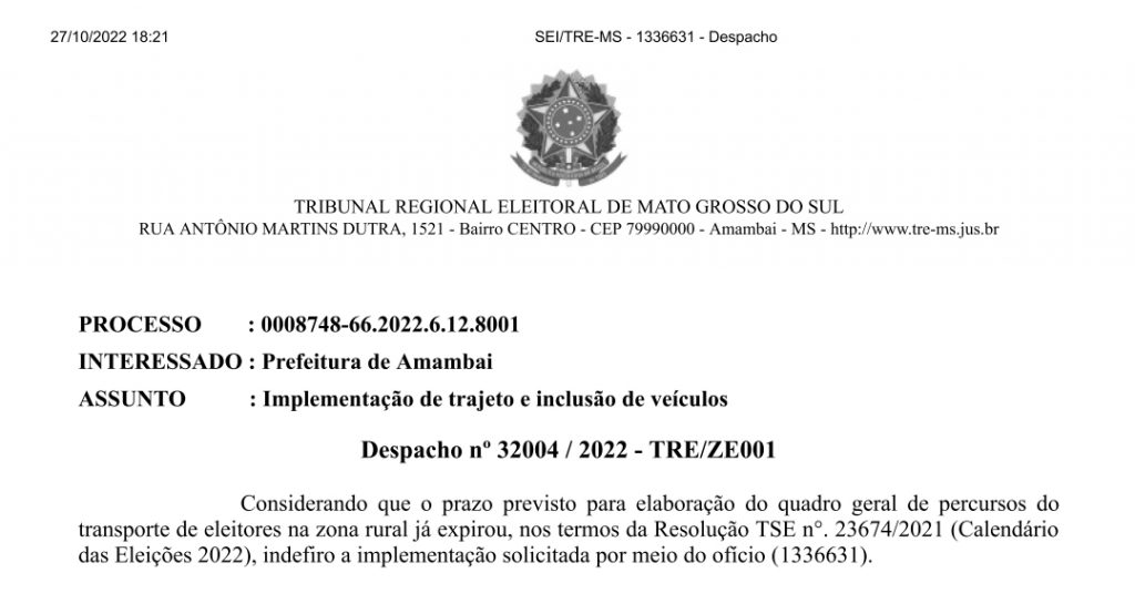 Juiz Eleitoral de Amambai contraria o Tribunal Superior Eleitoral e proíbe Prefeitura de fazer transporte de eleitores