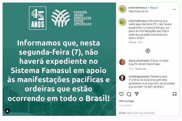 Empresas em MS aderem ao ato em favor de Bolsonaro e fecham as portas