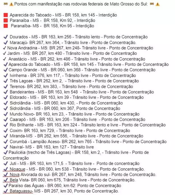 MS ainda tem bloqueios e protestos em rodovias; veja pontos