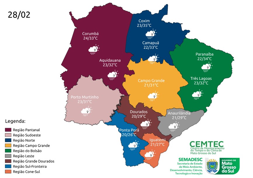 Terça-feira terá chuva fraca e moderada em MS